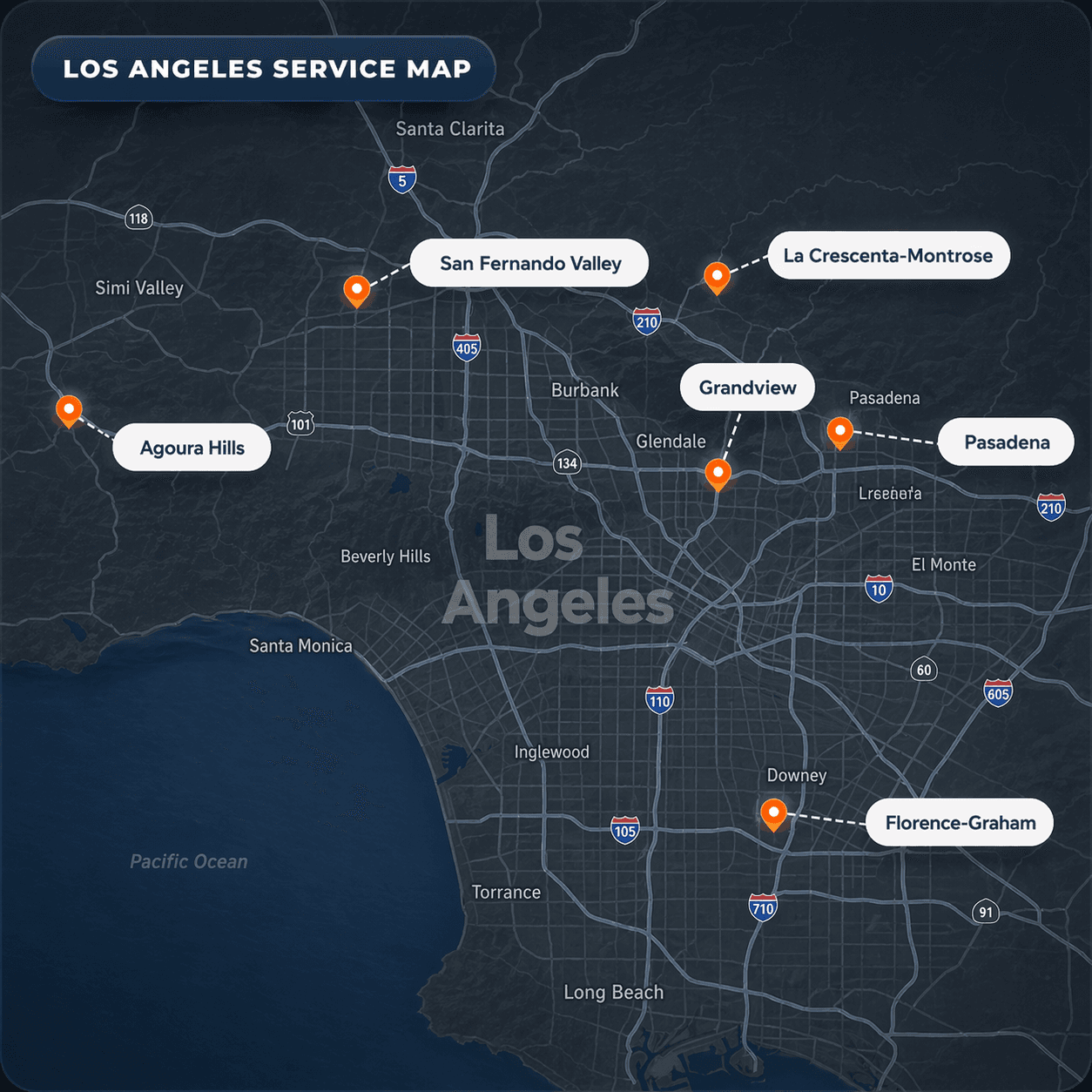 Los Angeles service map showing Andy's Plumbing service locations