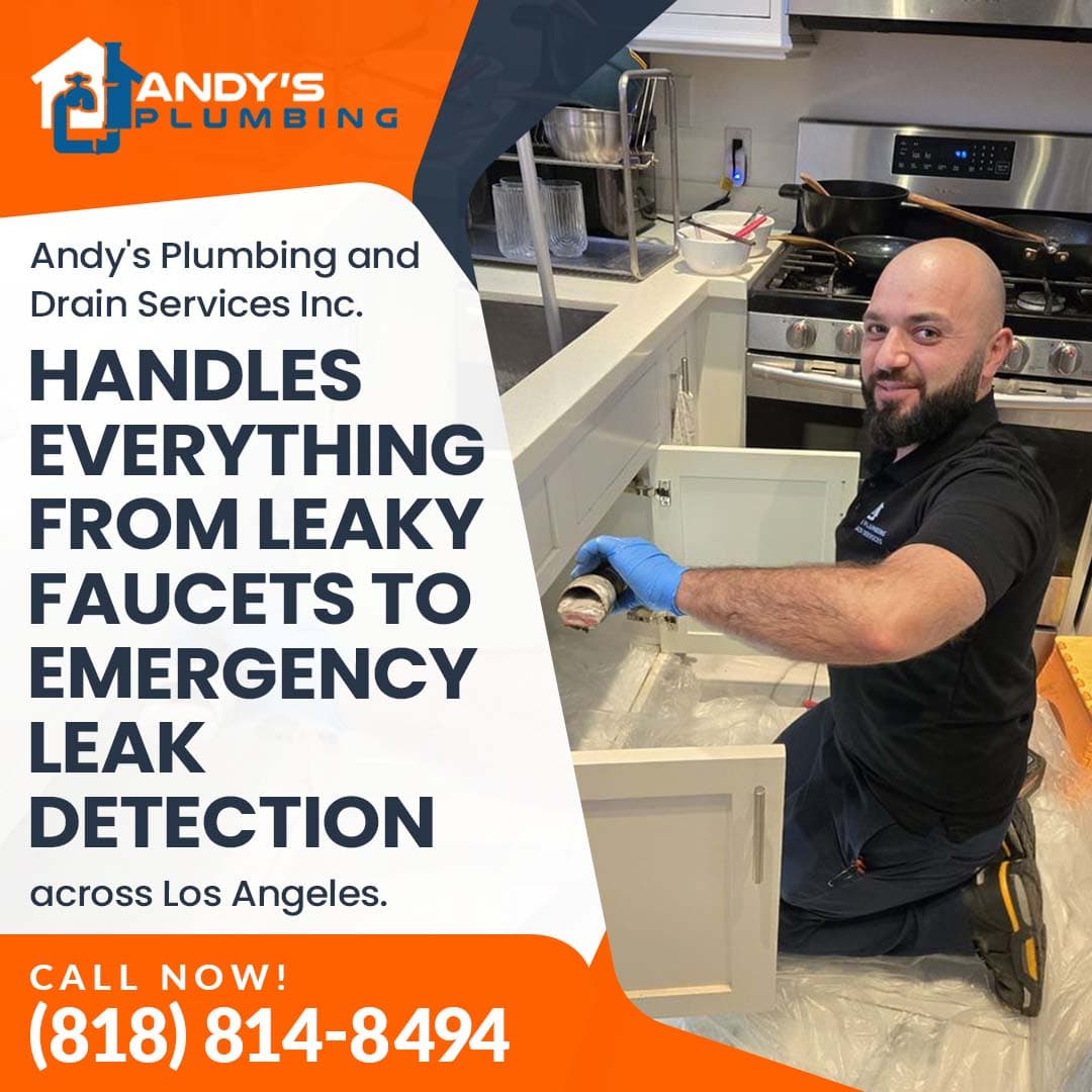 Andy’s Plumbing technician repairing leaky faucet in North Hollywood bathroom