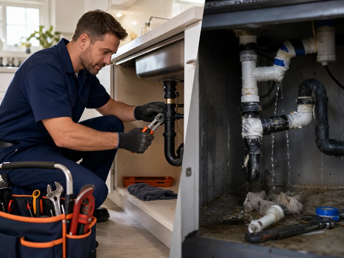 Professional licensed plumbing work compared with a poor leaking pipe repair