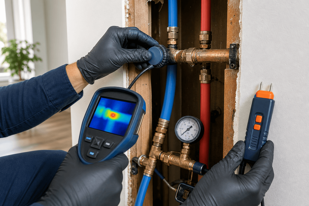 Technician testing exposed copper and PEX pipes for a concealed water leak in Los Angeles
